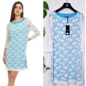 $572 NWT Byblos Dress Blue Lace Overlay 3/4 Sleeve Shift Size‎ 8 Made in Italy